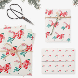 Feuille De Papier Cadeau Noël Vert & Rouge Plaid Lié Avec Bow Holiday