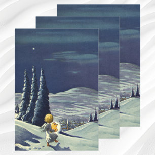 Feuille De Papier Cadeau Noël vintage, Ange de la Neige Marcher avec une ét