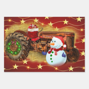 Feuille De Papier Cadeau Noël Vintage du Tracteur rouge Frosty