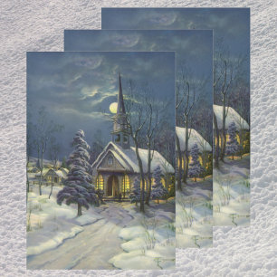 Feuille De Papier Cadeau Noël Vintage, Église d'hiver en Neige avec Lune