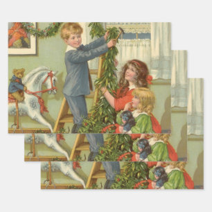 Feuille De Papier Cadeau Noël Vintage, Enfants Victoriens Décoration