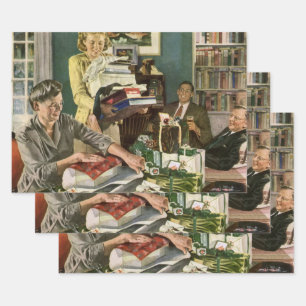 Feuille De Papier Cadeau Noël vintage, famille heureuse emballant des cadea