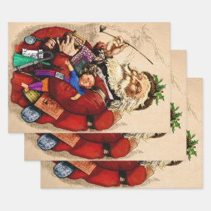 Feuille De Papier Cadeau Noël vintage, jouets en pipe de Père Noël victorie
