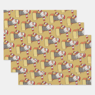 Feuille De Papier Cadeau Noël vintage, le Père Noël comme Jack dans la boît