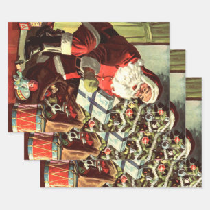 Feuille De Papier Cadeau Noël vintage, Père Noël rétro avec présents