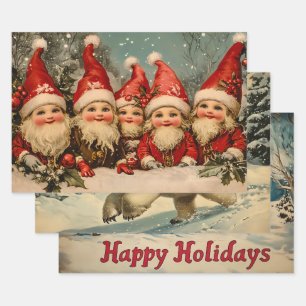 Feuille De Papier Cadeau Noël Vintage Rétro : Jolly Elves