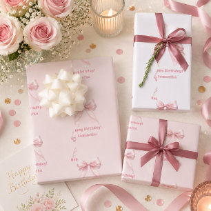 Feuille De Papier Cadeau Nœud rose pour anniversaire fille blanche
