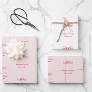 Feuille De Papier Cadeau Nœud rose pour anniversaire fille blanche