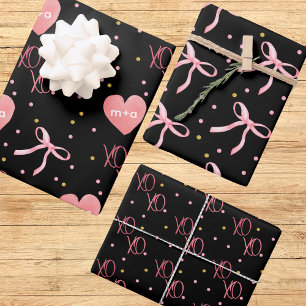 Feuille De Papier Cadeau Nœuds roses cœurs XOXO design à l'aquarelle noire