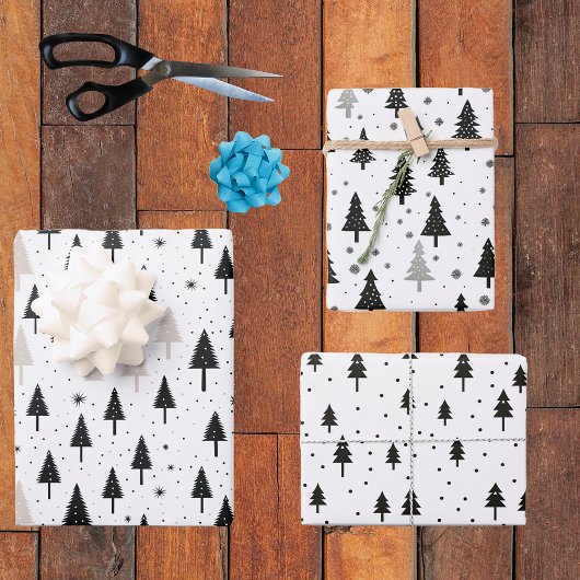 Feuille De Papier Cadeau Noir Blanc Monochrome Arbres de Noël Minimal