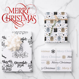 Feuille De Papier Cadeau Noir blanc Noël Père Noël 3 Coordination