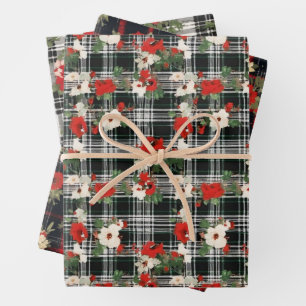 Feuille De Papier Cadeau Noir Blanc Rouge Noir Perdu Noël Plaid Flores