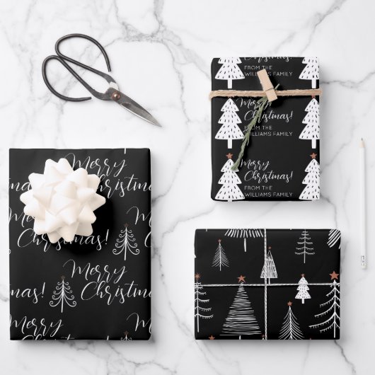 Feuille De Papier Cadeau Noir blanc Script Joyeux sapin de Noël Nom (Recto)