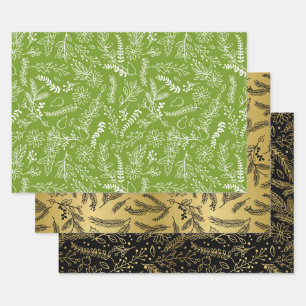 Feuille De Papier Cadeau Noir d'hiver Noir de Noël Vert Botanique d'hiver