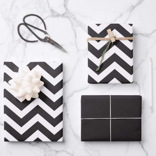 Feuille De Papier Cadeau Noir et blanc Chevron épais Mariage Nouvel An (Recto)