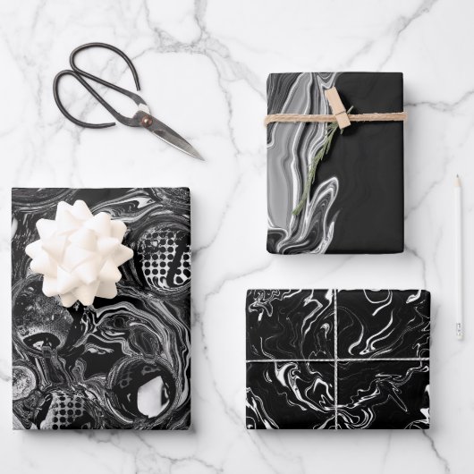 Feuille De Papier Cadeau Noir et blanc Fluid Art moderne Abstrait (Recto)