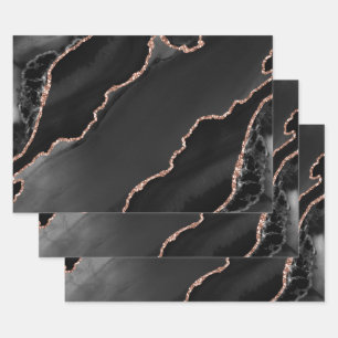 Feuille De Papier Cadeau Noir et or rose faux paillettes design d'agate