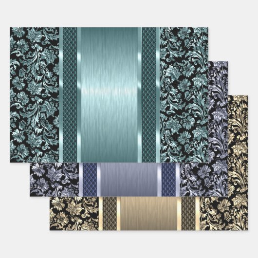 Feuille De Papier Cadeau Noir et vert clair, or et bleu foncé damassé (Lot)