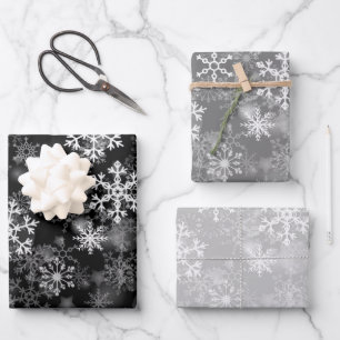 Feuille De Papier Cadeau Noir gris blanc Monochrome flocon de neige Noël