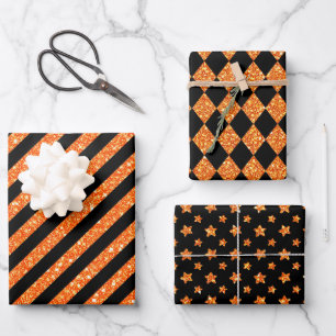 FEUILLE DE PAPIER CADEAU NOIR & ORANGE PAILLETTE REGARD HALLOWEEN