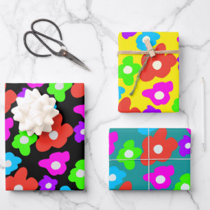 Feuille De Papier Cadeau Noir rétro Arc-en-ciel couleur Fleurs Motif