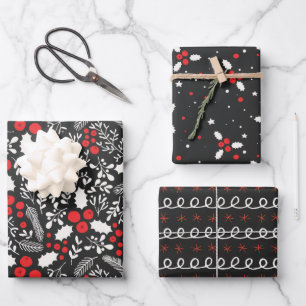 Feuille De Papier Cadeau Noir Rouge Blanc Noir Berries Mistletoe Noël