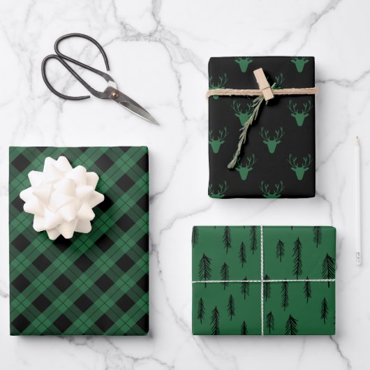 Feuille De Papier Cadeau Noir Vert Mixte Rustique Motifs Deer Woods Plaid (Recto)