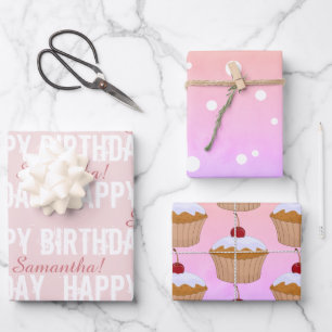 Feuille De Papier Cadeau Nom Customisé Joyeux Anniversaire Cupcake/Pois