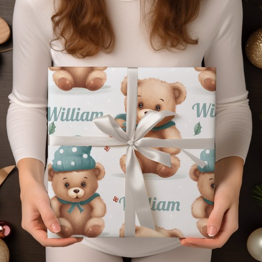 Feuille De Papier Cadeau Nom de l'enfant Teddy Bear Noël