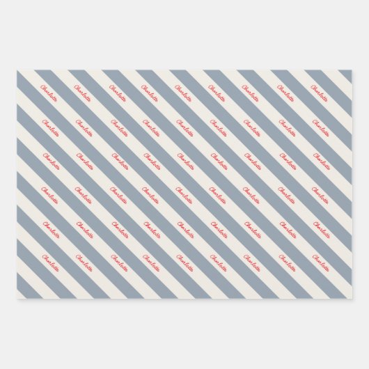 Feuille De Papier Cadeau Nom de script personnalisé Blue Cream Candy Stripe (Devant 2)