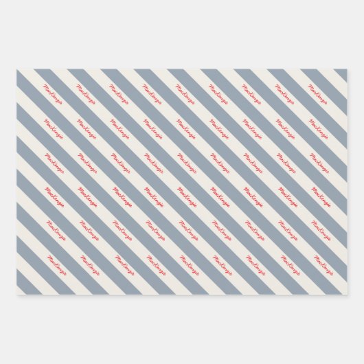 Feuille De Papier Cadeau Nom de script personnalisé Blue Cream Candy Stripe (Devant)