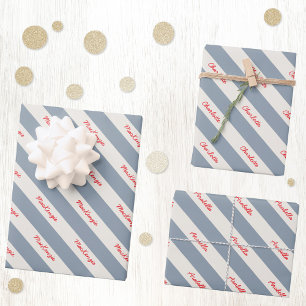 Feuille De Papier Cadeau Nom de script personnalisé Blue Cream Candy Stripe