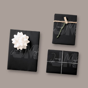 Feuille De Papier Cadeau Nom et monogramme modernes Gris et noir