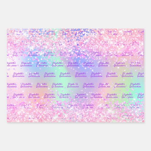 Feuille De Papier Cadeau Nom holographique rose Quinceanera (Devant 3)