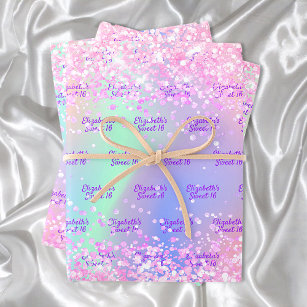 Feuille De Papier Cadeau Nom holographique rose violet confetti Sweet 16