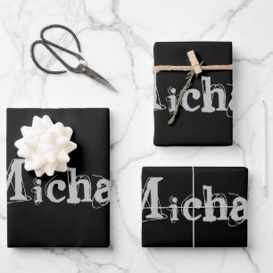 Feuille De Papier Cadeau Nom monogramme moderne minimaliste noir blanc