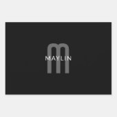 Feuille De Papier Cadeau Nom Monogrammé Moderne | Noir Gris Blanc (Devant 2)