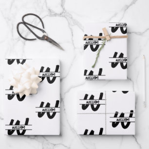 Feuille De Papier Cadeau Nom Monogrammé noir et blanc écrit à la main