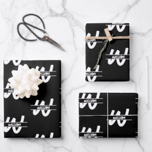 Feuille De Papier Cadeau Nom Monogrammé noir et blanc écrit à la main