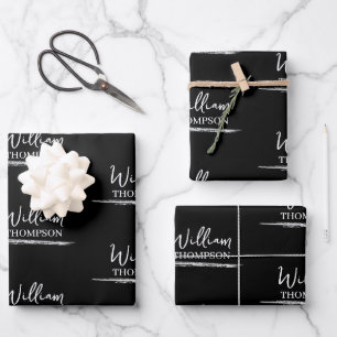 Feuille De Papier Cadeau Nom monographique moderne noir et blanc