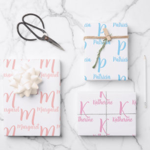 Feuille De Papier Cadeau Nom Personnalisé Élégant, Monogramme Rose et Bleu