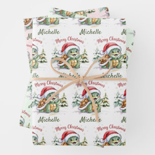 Feuille De Papier Cadeau Nom personnalisé Joyeuse tortue de Noël à Père Noë