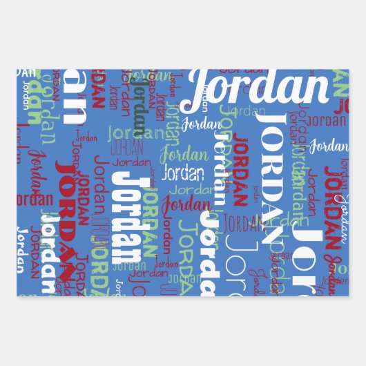 Feuille De Papier Cadeau Nom répété Bleu Vert Rouge Noël (Devant 2)