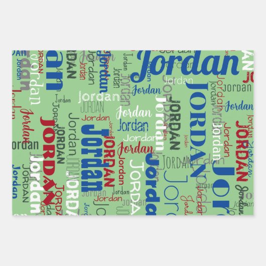 Feuille De Papier Cadeau Nom répété Bleu Vert Rouge Noël (Devant)