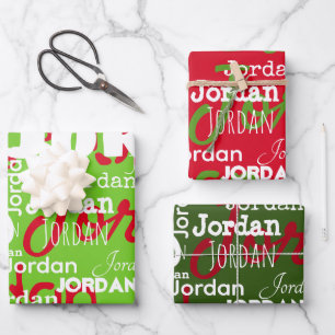 Feuille De Papier Cadeau Nom répété Motif Rouge Vert Blanc Noël