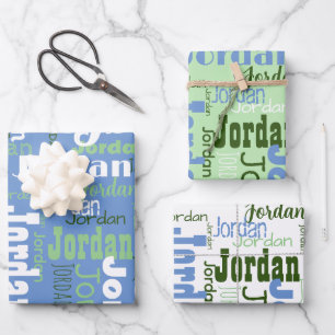 Feuille De Papier Cadeau Nom répété Moyen Blanc de couleur bleue