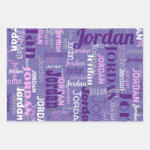 Feuille De Papier Cadeau Nom répétitif Anniversaire rose et violet (Devant 2)