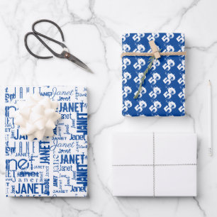 Feuille De Papier Cadeau Nom Typographie Blanc Bleu Mot Cloud 50ème