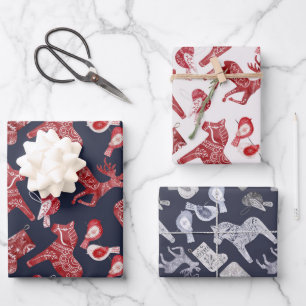 Feuille De Papier Cadeau Nordic Dala Horse Moose Rouge Bleu Noël