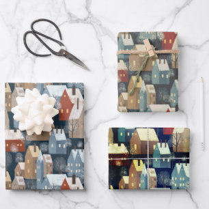 Feuille De Papier Cadeau Nordic Modern Winter Town Maisons douillettes Moti